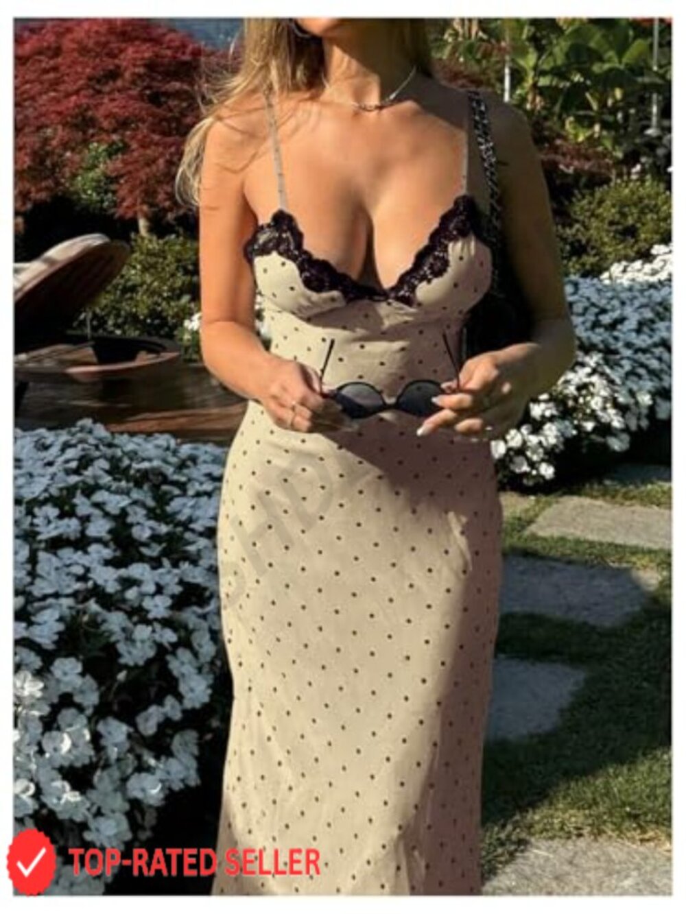 Polka Dot Maxi Dress Spaghetti Strap Lace V-Neck Sexy Summer Sundress - Picture 4 of 5